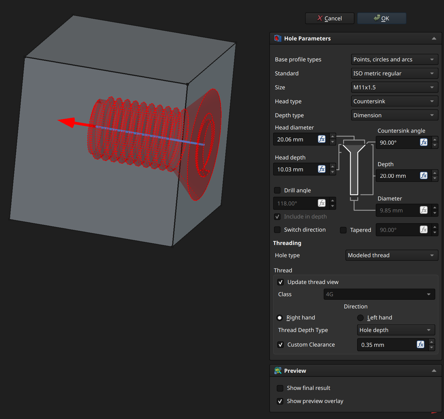FreeCAD Part Design workbench hole example